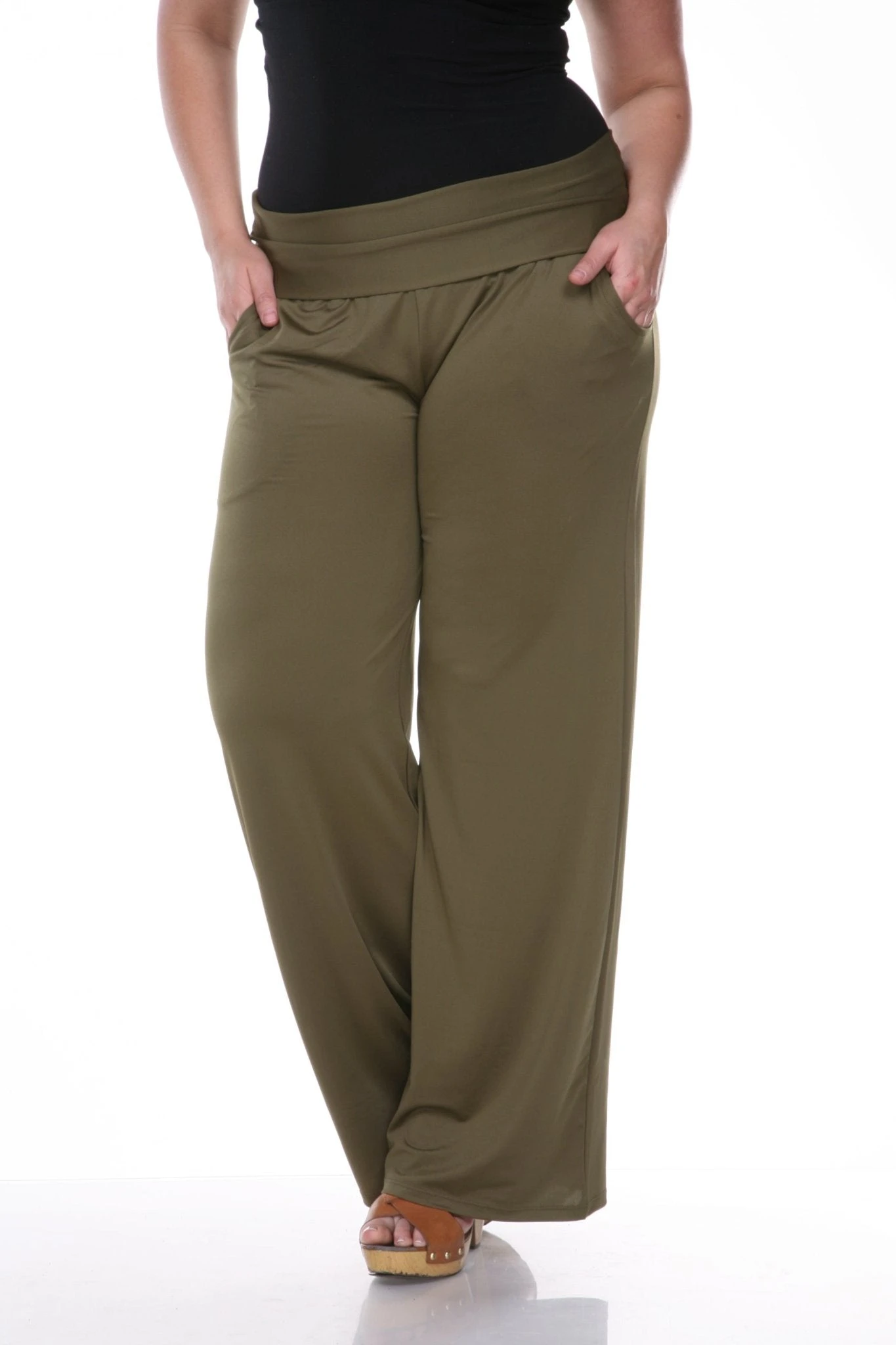 Plus Size Wide Leg Palazzo Pants with Fold Over Waistband 14 Plus Size Wide Leg Palazzo Pants with Fold Over Waistband - Image 14