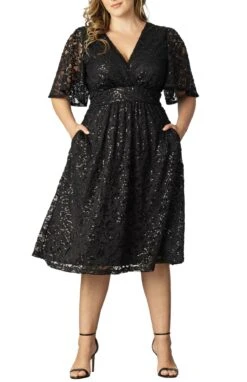 Plus Size Sequined Lace Cocktail Dress with Flutter Sleeves and Pockets -Dressbarn Store starry sequined lace cocktail dress plus 416474