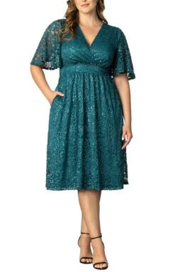 Plus Size Sequined Lace Cocktail Dress with Flutter Sleeves and Pockets -Dressbarn Store starry sequined lace cocktail dress plus 766897