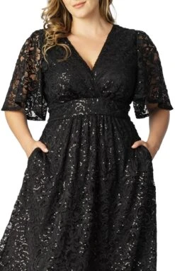 Plus Size Sequined Lace Cocktail Dress with Flutter Sleeves and Pockets -Dressbarn Store starry sequined lace cocktail dress plus 985652