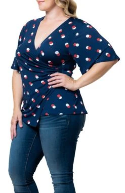 Plus Size Faux Wrap Top with Draped Waist - Stella Flutter Sleeve Blouse -Dressbarn Store stella cinch top plus 299456
