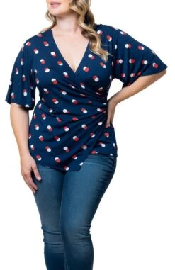 Plus Size Faux Wrap Top with Draped Waist - Stella Flutter Sleeve Blouse -Dressbarn Store stella cinch top plus 394177