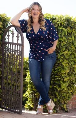 Plus Size Faux Wrap Top with Draped Waist - Stella Flutter Sleeve Blouse -Dressbarn Store stella cinch top plus 731592