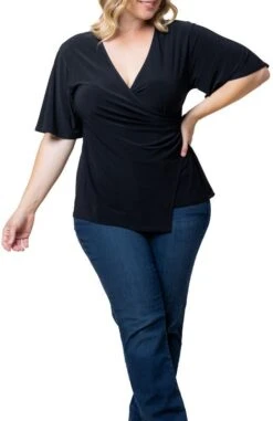 Plus Size Faux Wrap Top with Draped Waist - Stella Flutter Sleeve Blouse