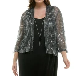Plus Size Striped Evening Jacket Dress with Bell Sleeves & Statement Necklace -Dressbarn Store striped jacket tank dress with detachable necklace plus 419807