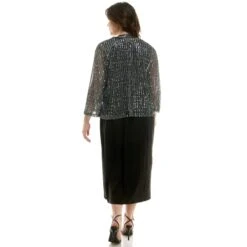 Plus Size Striped Evening Jacket Dress with Bell Sleeves & Statement Necklace -Dressbarn Store striped jacket tank dress with detachable necklace plus 826092