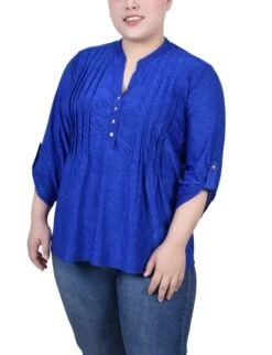 Plus Size 3/4 Roll Tab Zip Pullover Knit Jacquard Top