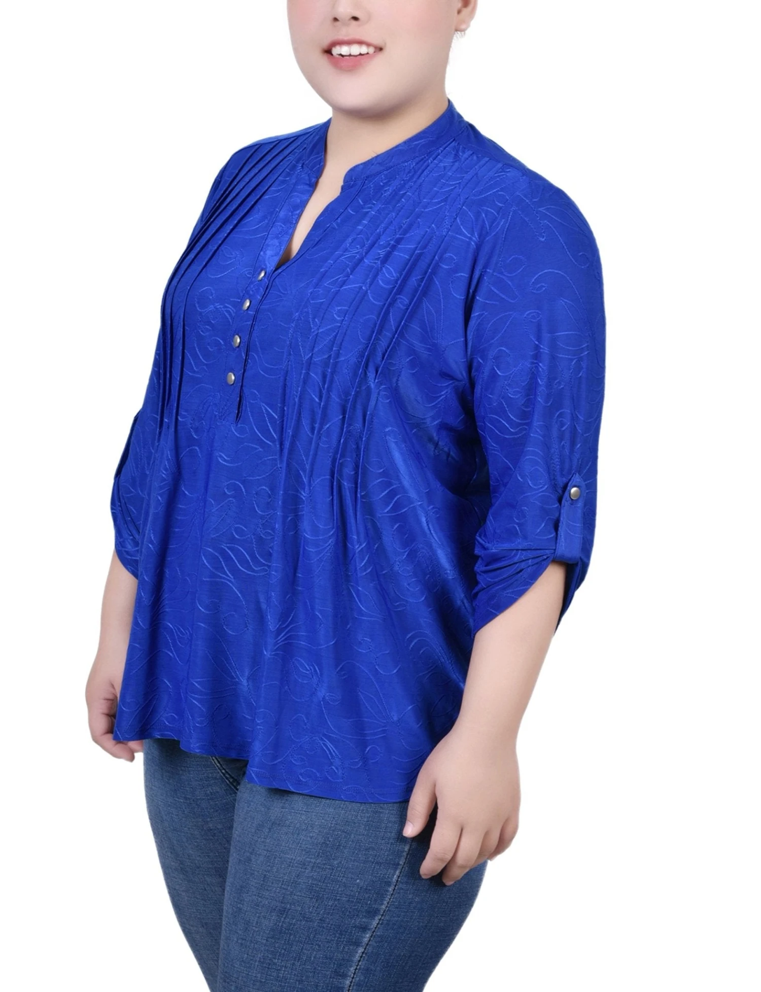 Plus Size 3/4 Roll Tab Zip Pullover Knit Jacquard Top 2 Plus Size 3/4 Roll Tab Zip Pullover Knit Jacquard Top - Image 2