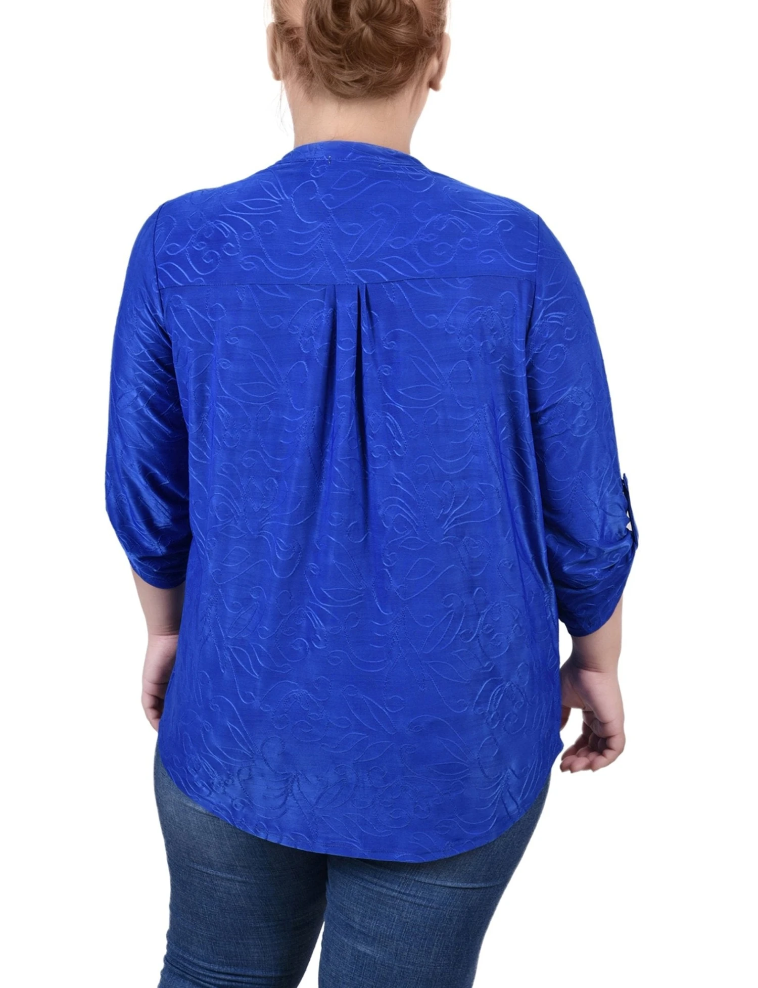 Plus Size 3/4 Roll Tab Zip Pullover Knit Jacquard Top 4 Plus Size 3/4 Roll Tab Zip Pullover Knit Jacquard Top - Image 4