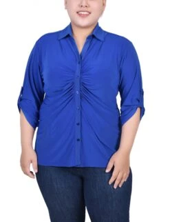 Plus Size Ruched Front Top with Roll-Tab Sleeves & Pleated Shoulders
