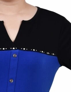 Long Sleeve Studded Colorblock Split Neck Top - Versatile Knit Crepe -Dressbarn Store surf the web long sleeve studded colorblocked split neck top 862762