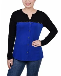 Long Sleeve Studded Colorblock Split Neck Top - Versatile Knit Crepe