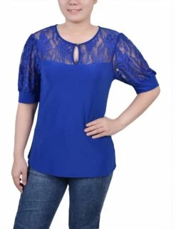 Lace Puff Sleeve Top - Short Sleeve Blouse with Elegant Lace Yoke