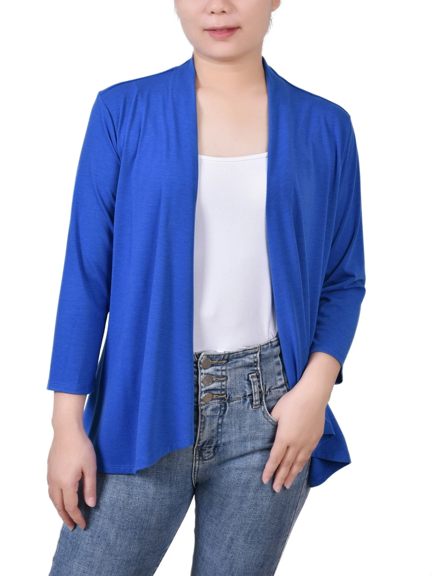 Elegant Solid 3/4 Sleeve Open Front Cardigan for Office & Casual Wear 1 Elegant Solid 3/4 Sleeve Open Front Cardigan for Office & Casual Wear
