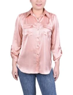 NY Collection Petite Tabbed Long Sleeve Satin Blouse
