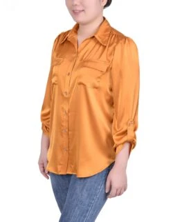 NY Collection Petite Tabbed Long Sleeve Satin Blouse -Dressbarn Store tabbed long sleeve satin blouse petite 954419