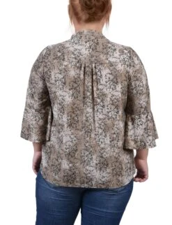 Plus Size Taupe Etch 3/4 Bell Sleeve Pleat Front Y-Neck Blouse -Dressbarn Store taupe etch 34 bell sleeve pleat front y neck top plus 434303