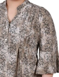 Plus Size Taupe Etch 3/4 Bell Sleeve Pleat Front Y-Neck Blouse -Dressbarn Store taupe etch 34 bell sleeve pleat front y neck top plus 664007