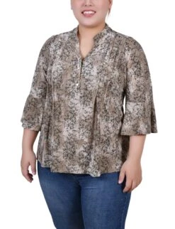 Plus Size Taupe Etch 3/4 Bell Sleeve Pleat Front Y-Neck Blouse