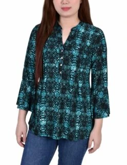 Teal Plaid Bell Sleeve Top with Pleated Y-Neck Detail