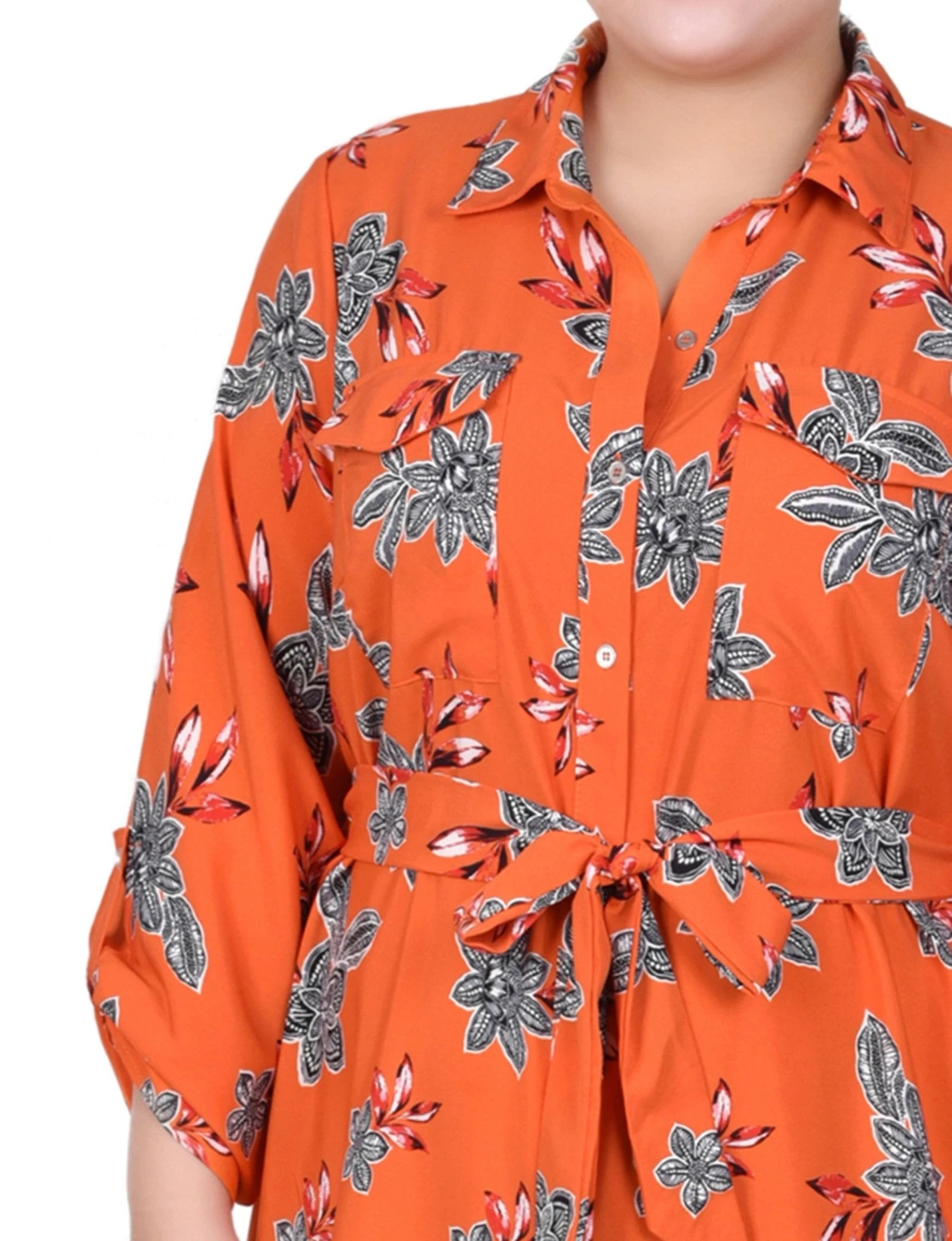 Tiger Romegarden Plus Size 3/4 Roll Tab Sleeve Belted Shirtdress 4 Tiger Romegarden Plus Size 3/4 Roll Tab Sleeve Belted Shirtdress - Image 4