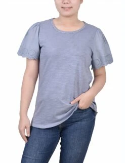 Flutter Eyelet Sleeve Pullover Top with Lace Trim