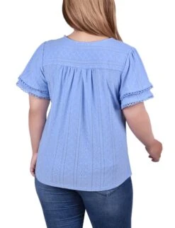 Plus Size Knit Eyelet Top with Double Layer Sleeves - Vista Blue -Dressbarn Store vista blue knit eyelet top with double sleeve plus 180815