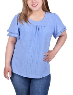 Plus Size Knit Eyelet Top with Double Layer Sleeves - Vista Blue