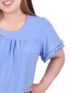 Plus Size Knit Eyelet Top with Double Layer Sleeves - Vista Blue -Dressbarn Store vista blue knit eyelet top with double sleeve plus 497080
