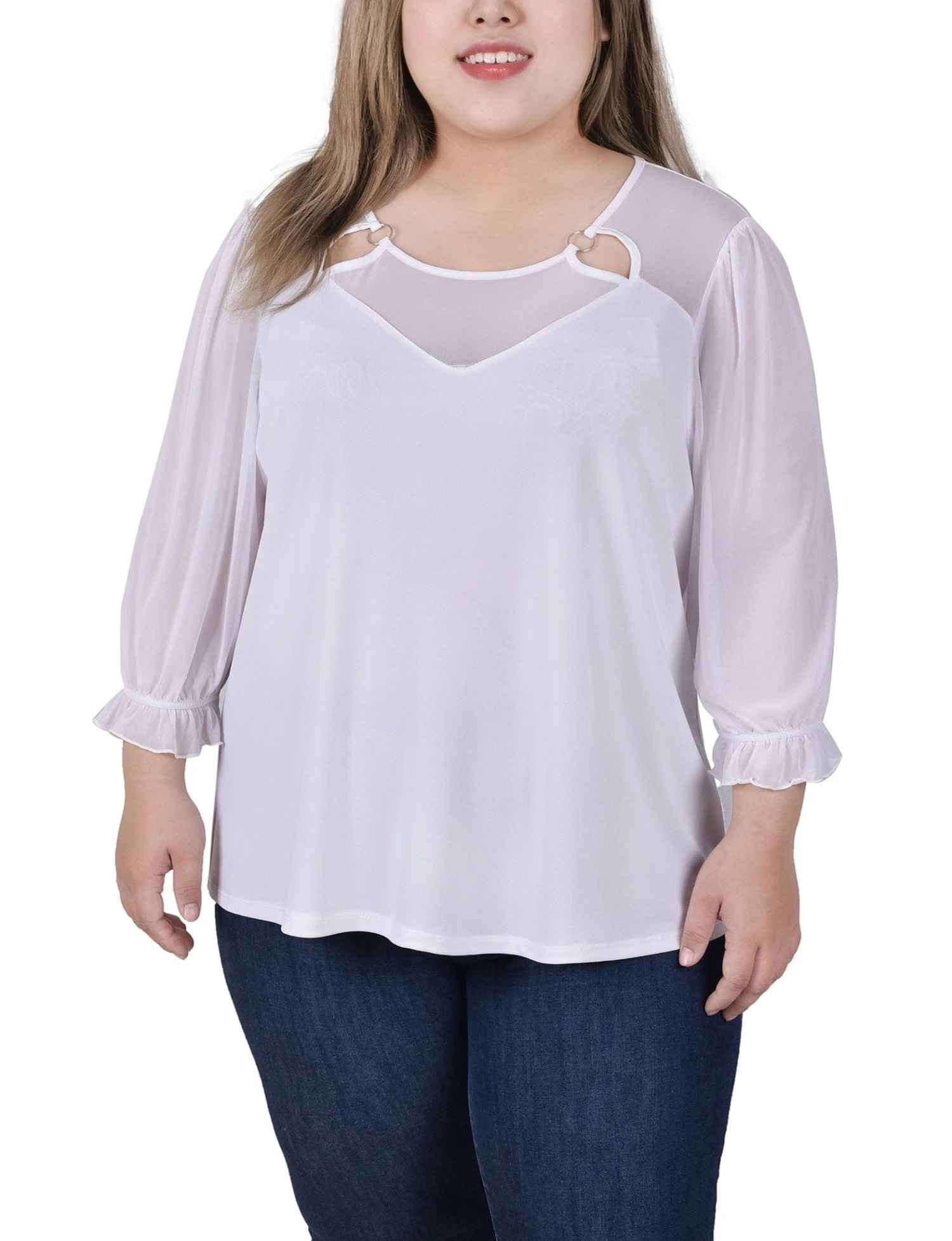 Plus Size White 3/4 Sleeve Mesh Yoke Top with Ring Detail 1 Plus Size White 3/4 Sleeve Mesh Yoke Top with Ring Detail