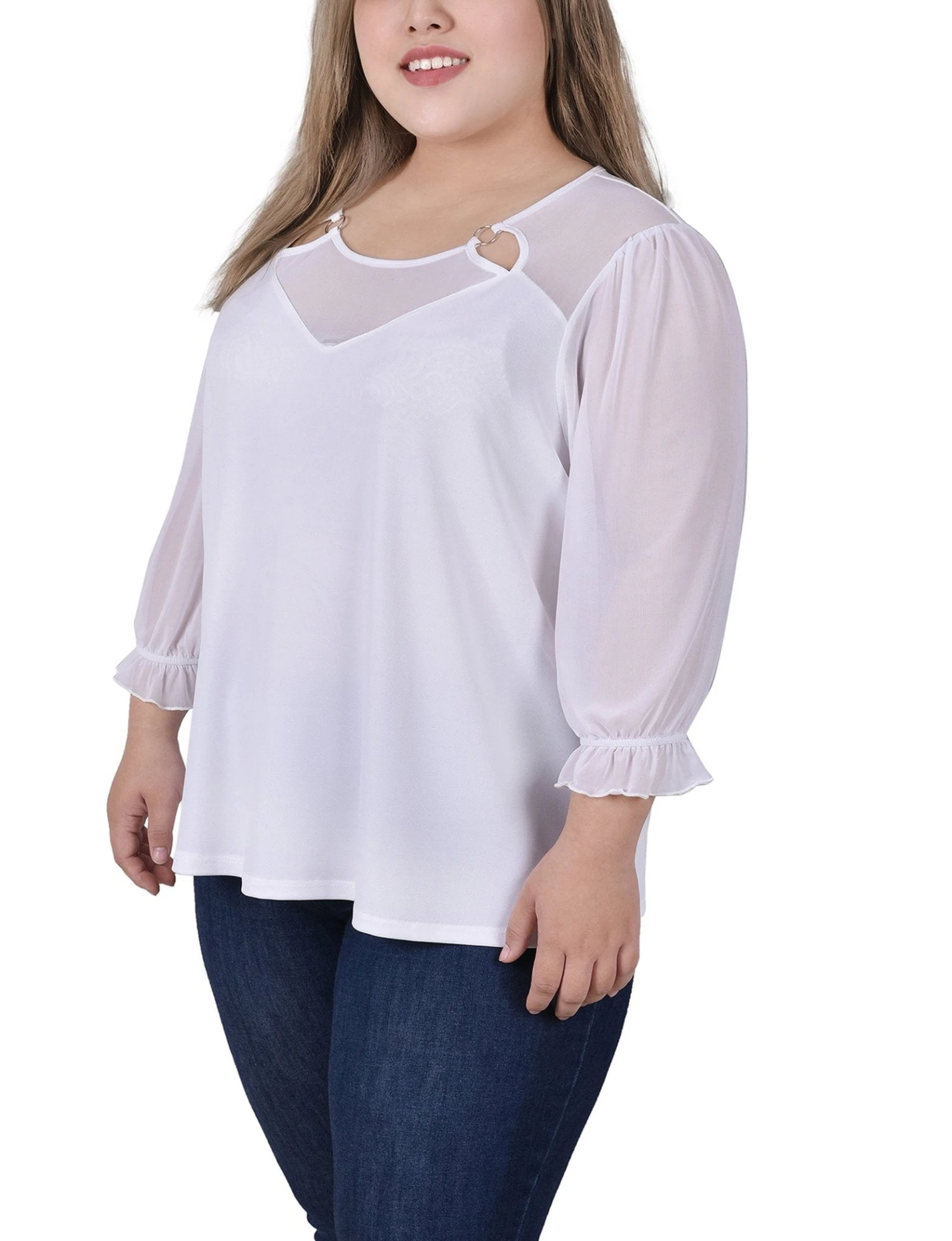 Plus Size White 3/4 Sleeve Mesh Yoke Top with Ring Detail 2 Plus Size White 3/4 Sleeve Mesh Yoke Top with Ring Detail - Image 2