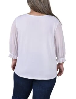 Plus Size White 3/4 Sleeve Mesh Yoke Top with Ring Detail 7 Plus Size White 3/4 Sleeve Mesh Yoke Top with Ring Detail -Dressbarn Store white 34 sleeve ringed top with mesh plus 657536