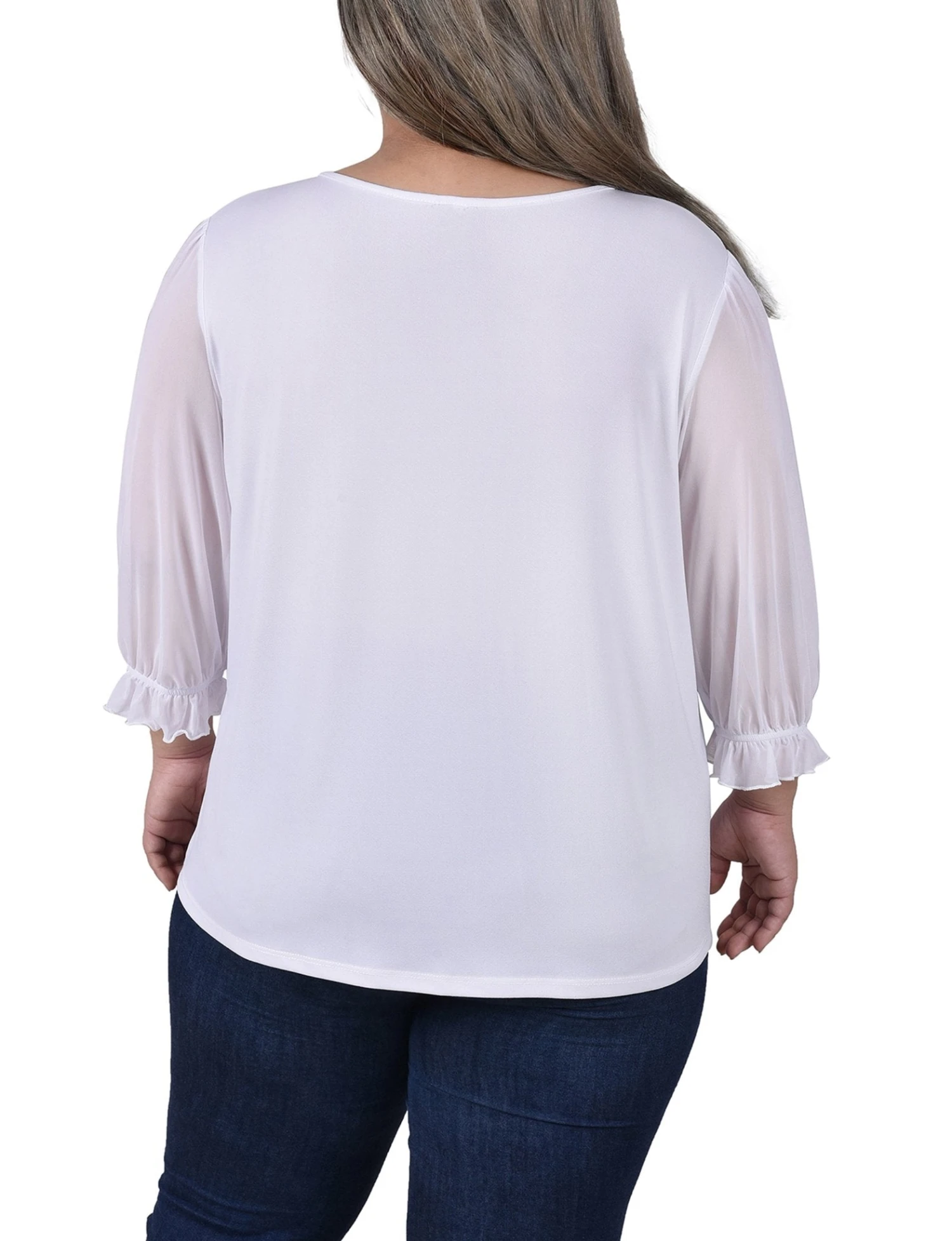 Plus Size White 3/4 Sleeve Mesh Yoke Top with Ring Detail 4 Plus Size White 3/4 Sleeve Mesh Yoke Top with Ring Detail - Image 4