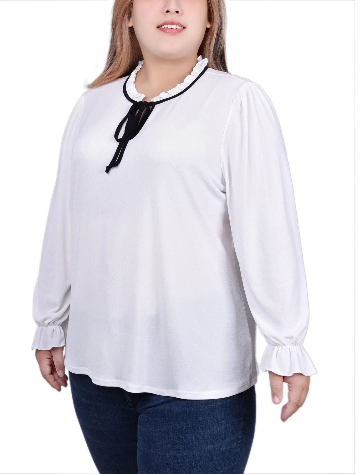 Elegant Plus Size Tie Neck Blouse with Ruffled Neckline and Puff Sleeves 2 Elegant Plus Size Tie Neck Blouse with Ruffled Neckline and Puff Sleeves - Image 2