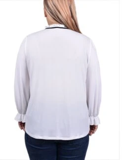 Elegant Plus Size Tie Neck Blouse with Ruffled Neckline and Puff Sleeves 7 Elegant Plus Size Tie Neck Blouse with Ruffled Neckline and Puff Sleeves -Dressbarn Store white black long sleeve tie neck top plus 445376