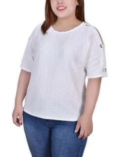 Plus Size Honeycomb Open Shoulder Tunic with Grommet Details