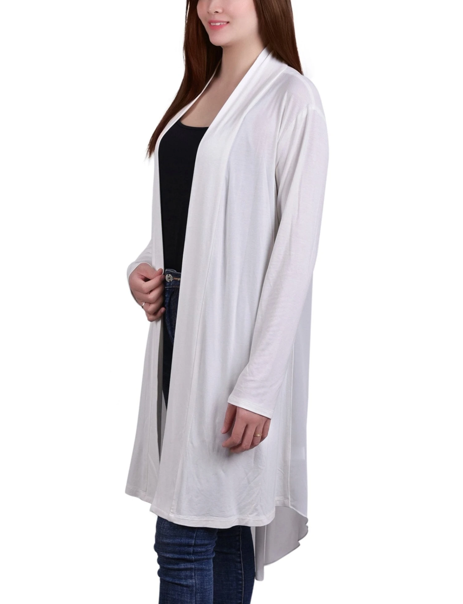 White Knit Cardigan with Chiffon Back and Hi-Low Hem 2 White Knit Cardigan with Chiffon Back and Hi-Low Hem - Image 2