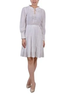 Petite White Long Sleeve Tiered Dress - Elegant Ruffle Neck Style