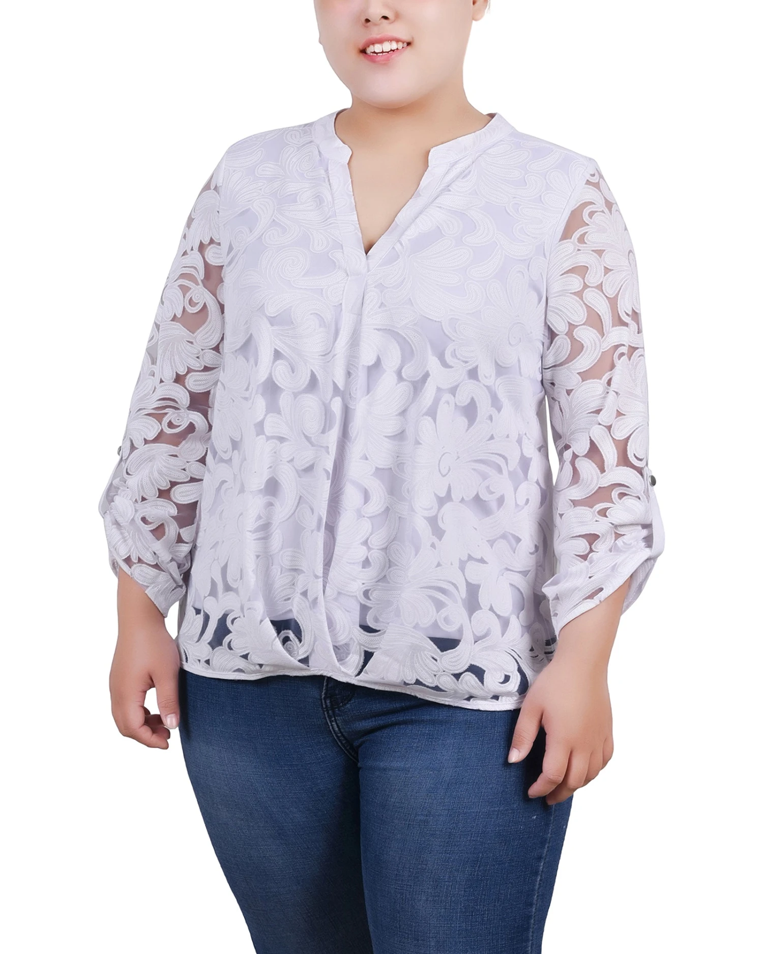 Plus Size White Scrolleaf Burnout Y Neck Blouse with Pleated Waist 1 Plus Size White Scrolleaf Burnout Y Neck Blouse with Pleated Waist