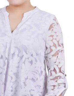 Plus Size White Scrolleaf Burnout Y Neck Blouse with Pleated Waist 6 Plus Size White Scrolleaf Burnout Y Neck Blouse with Pleated Waist -Dressbarn Store white scrolleaf long sleeve burnout y neck blouse plus 657651