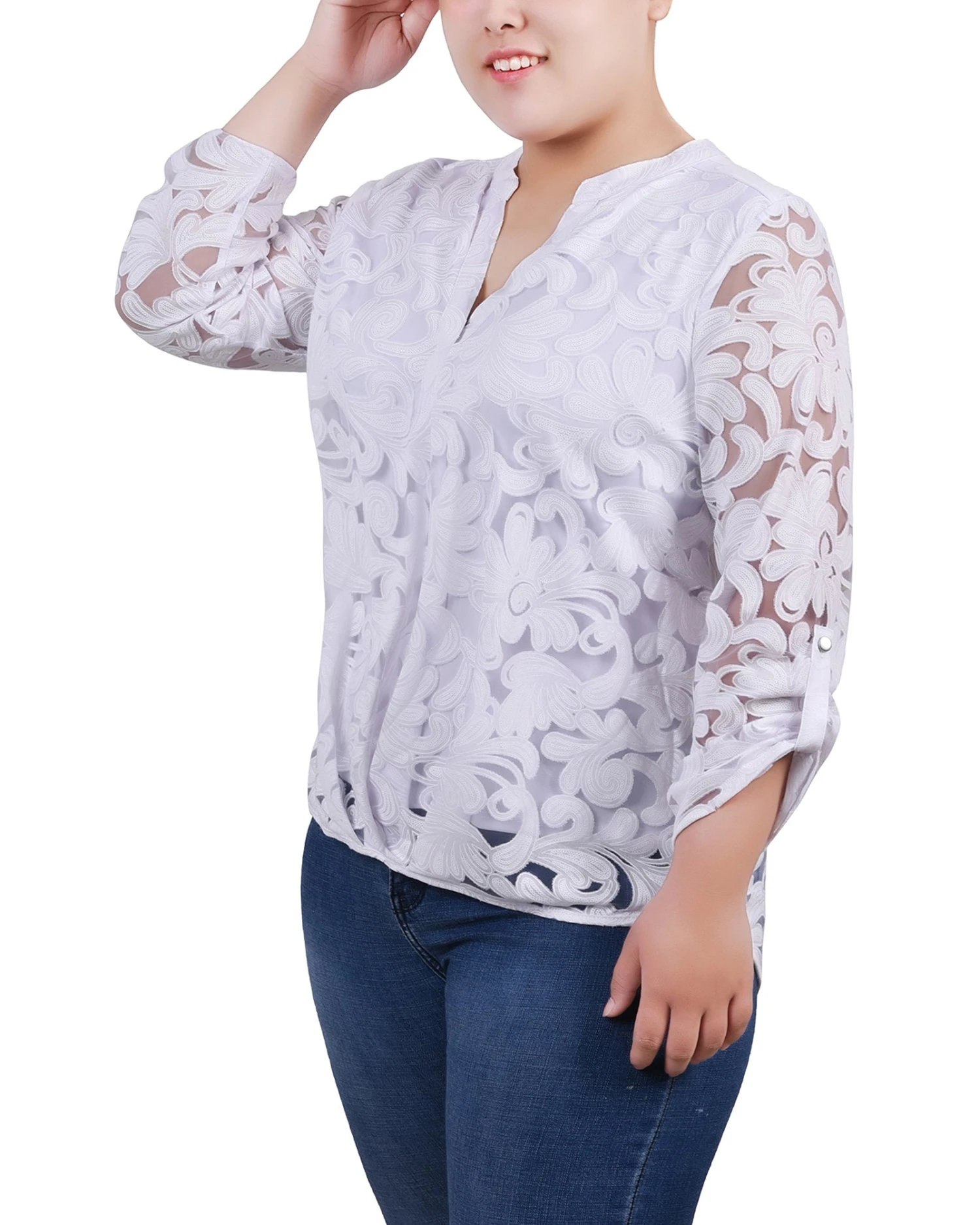 Plus Size White Scrolleaf Burnout Y Neck Blouse with Pleated Waist 2 Plus Size White Scrolleaf Burnout Y Neck Blouse with Pleated Waist - Image 2