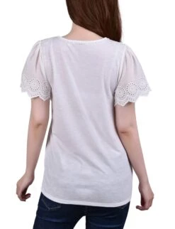 White Short Flutter Eyelet Sleeve Pullover - Petite -Dressbarn Store white short flutter eyelet sleeve pullover petite 190772