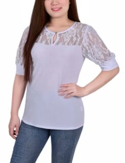 White Short Puff Sleeve Top with Intricate Lace Yoke