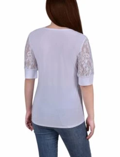White Short Puff Sleeve Top with Intricate Lace Yoke -Dressbarn Store white short puff sleeve top with lace sleeves and yoke 580455