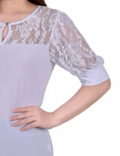White Short Puff Sleeve Top with Intricate Lace Yoke -Dressbarn Store white short puff sleeve top with lace sleeves and yoke 671049