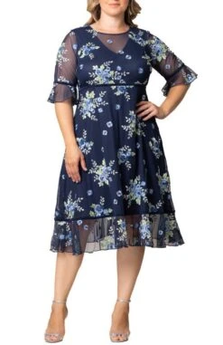 Plus Size Wildflower Embroidered Mesh Midi Dress with Velvet Trim