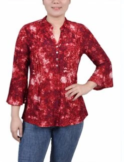 Petite Wine Geobreeze 3/4 Bell Sleeve Pleat Front Y Neck Top