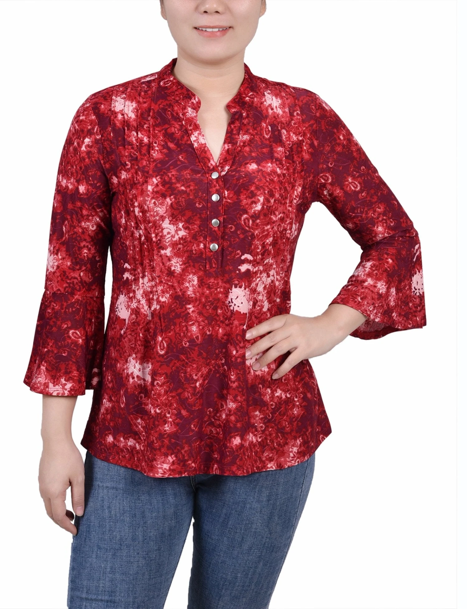 Petite Wine Geobreeze 3/4 Bell Sleeve Pleat Front Y Neck Top 1 Petite Wine Geobreeze 3/4 Bell Sleeve Pleat Front Y Neck Top