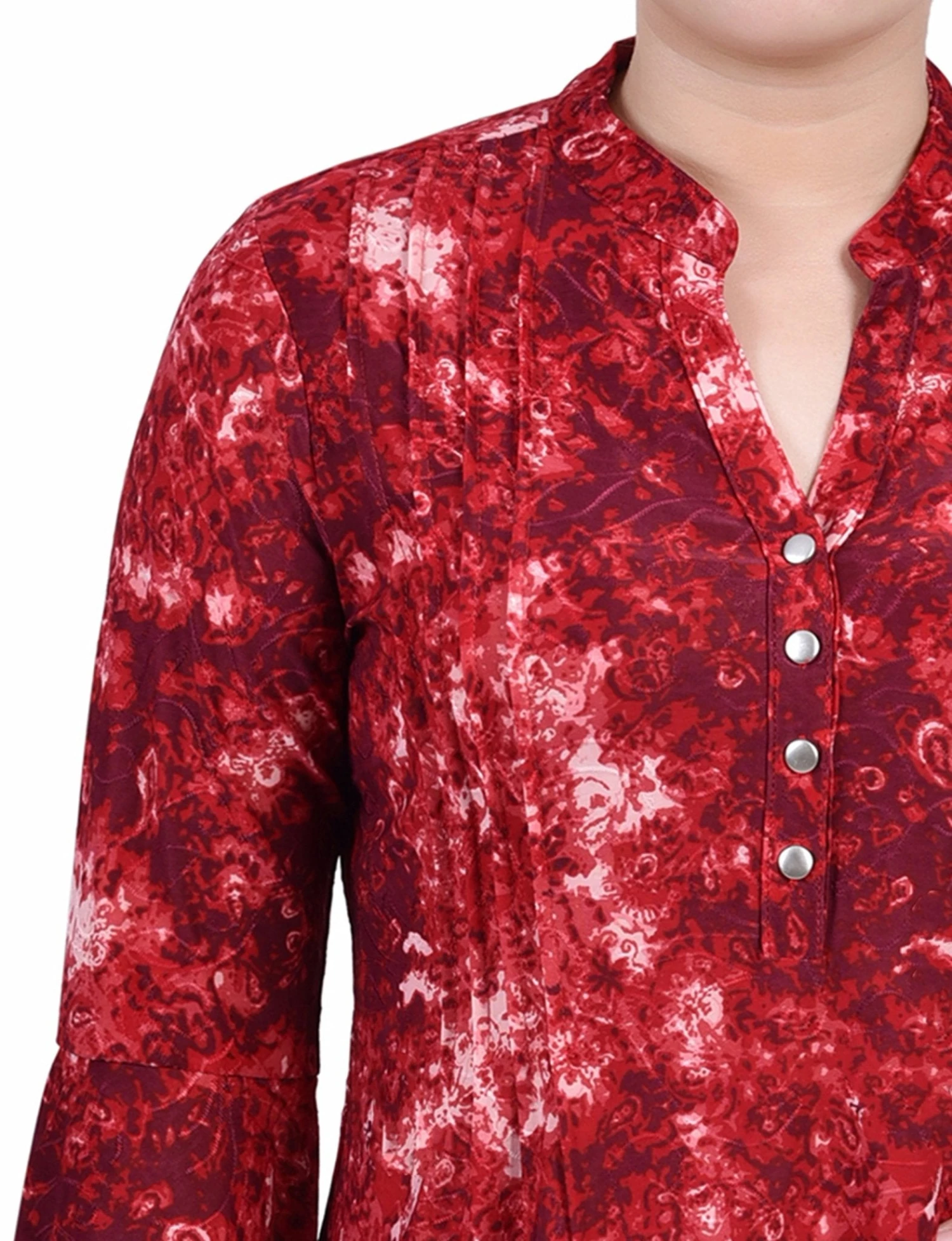 Petite Wine Geobreeze 3/4 Bell Sleeve Pleat Front Y Neck Top 3 Petite Wine Geobreeze 3/4 Bell Sleeve Pleat Front Y Neck Top - Image 3