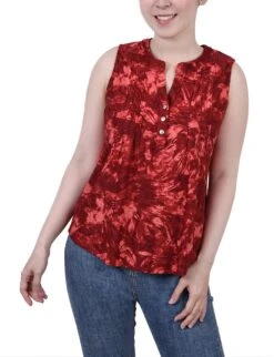 Petite Wine Tie Dye Sleeveless Jacquard Y-Neck Summer Top